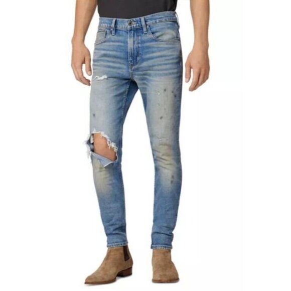 Hudson‎ Zack Side Zip Skinny Fit Jeans Mens 32 Blue Visions Distressed New $290 - Picture 1 of 16